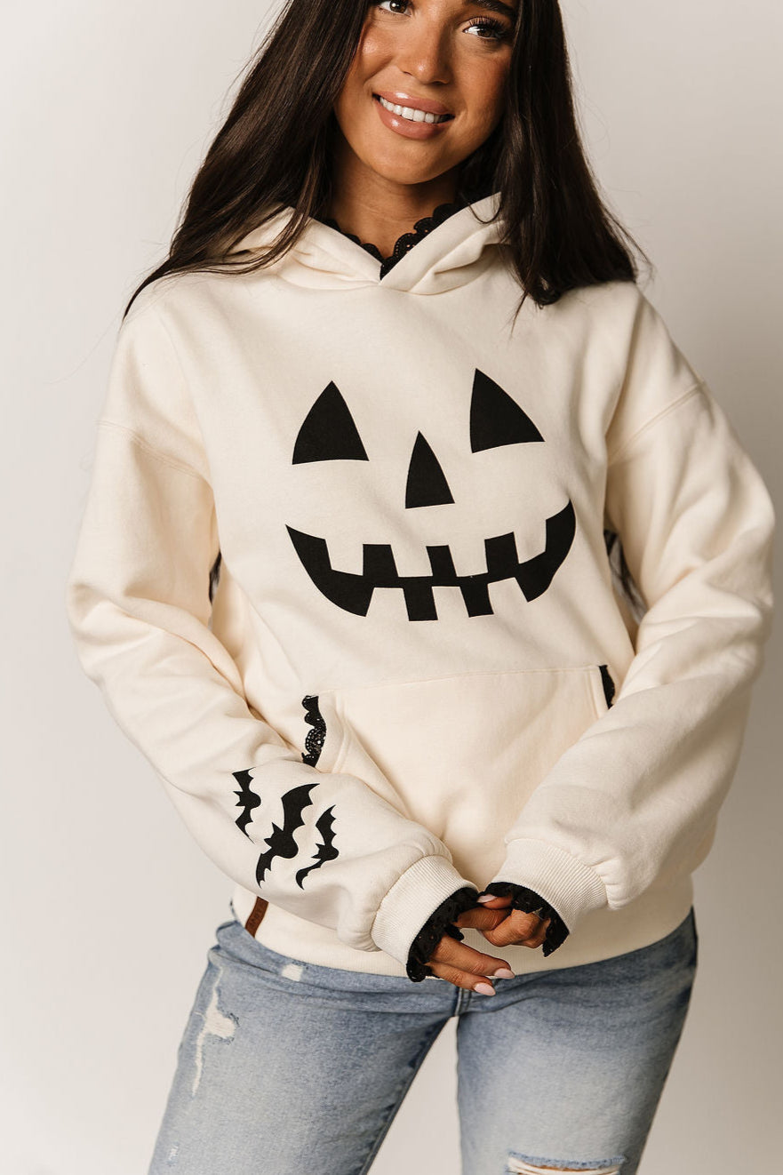 Fleece lined hoodie with lace trim sleeves, front view