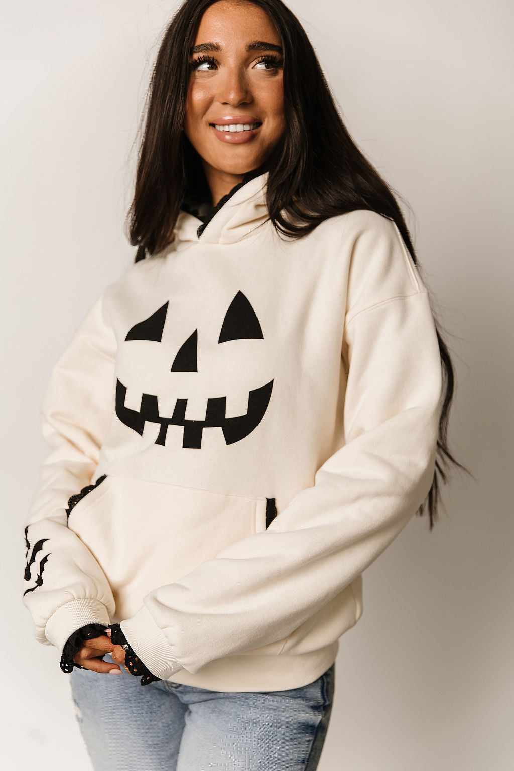 Hoodie Fleece Lined Lace Trim Sleeves