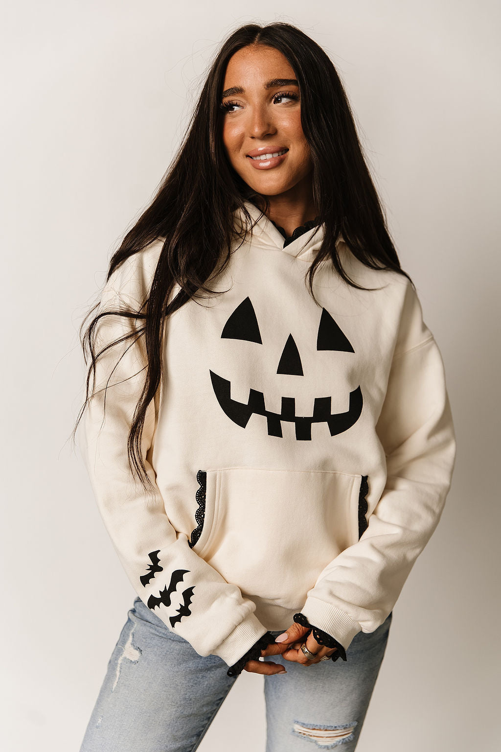 Hoodie Fleece Lined Lace Trim Sleeves