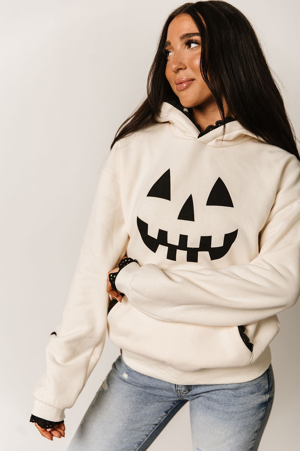 Hoodie Fleece Lined Lace Trim Sleeves