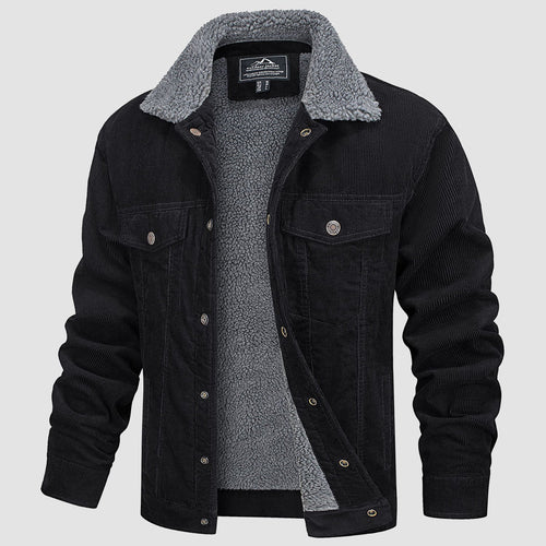 Sherpa-lined corduroy jacket in black, front view