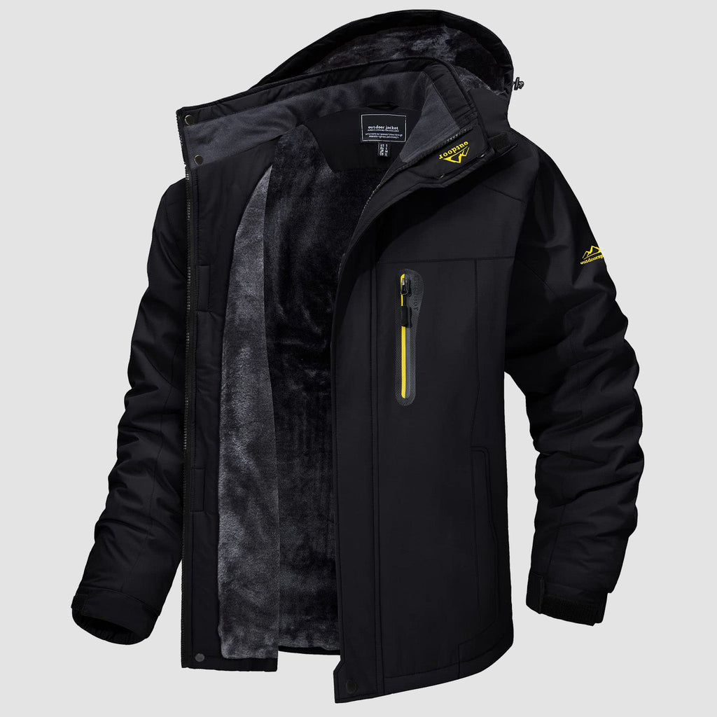 Water-resistant fleece-lined ski jacket in black, front view