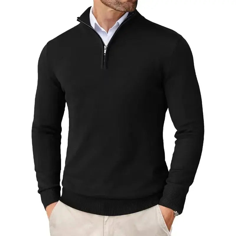 Classic half zip jumper with ribbed collar in black, front view