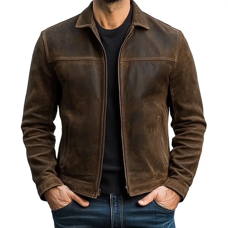 Leather-look zip front jacket in brown, front view