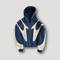 Urban streetwear zip hoodie in blue, front view