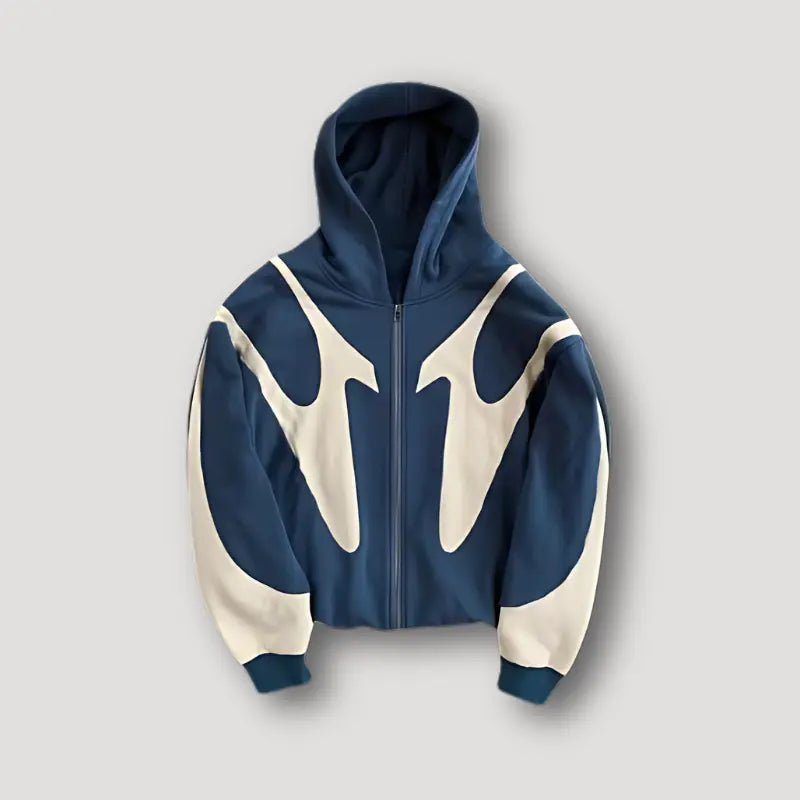 Urban streetwear zip hoodie in blue, front view
