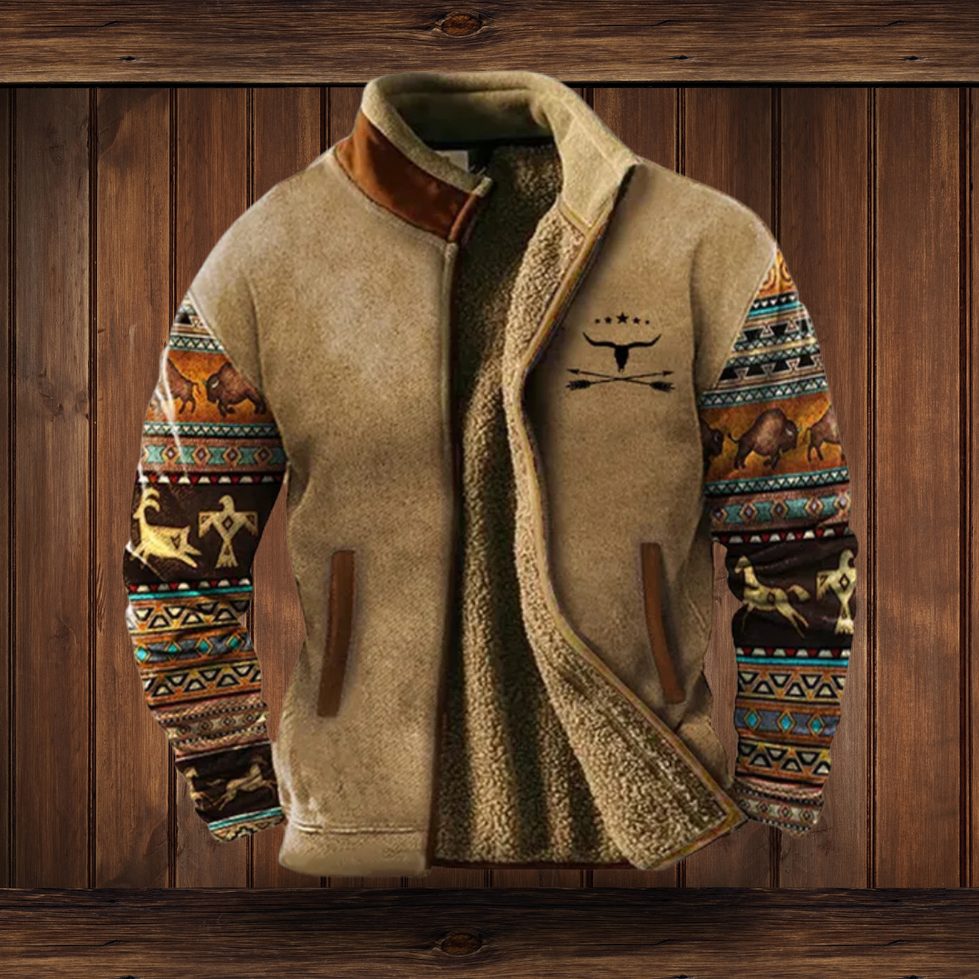 Merino blend fleece jacket with full zip in brown, front view