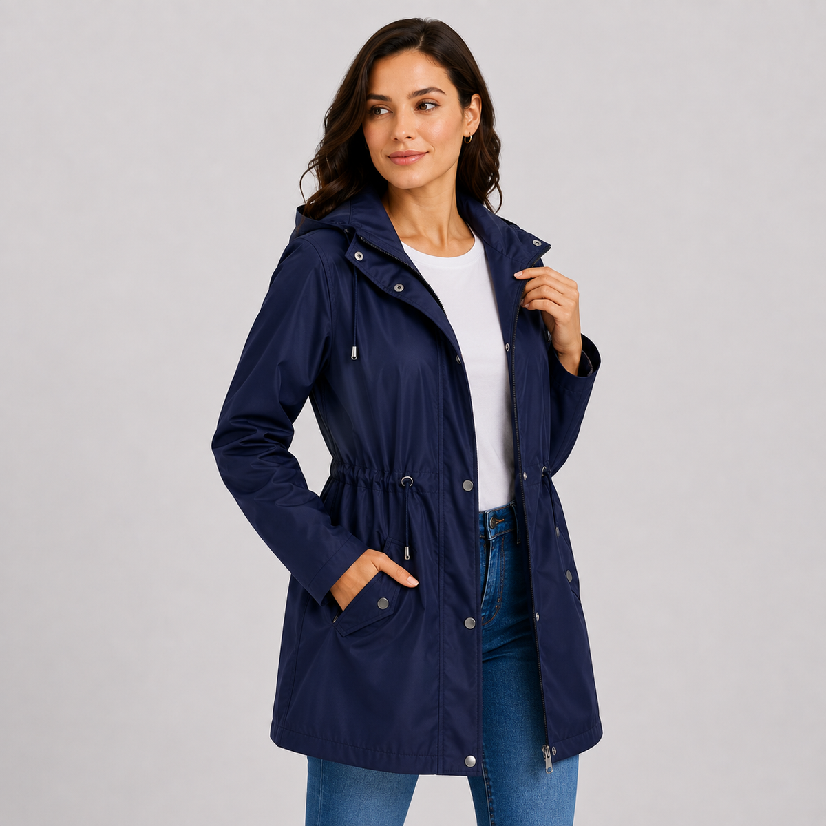 Lightweight Hooded Jacket Cinched Waist