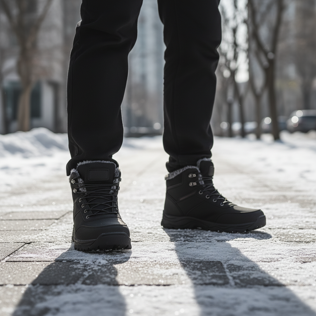 Warm lined ankle high winter boots in black, side view