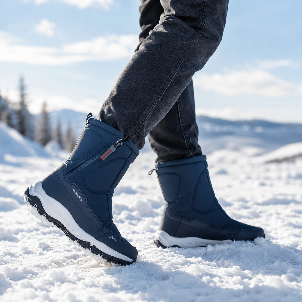 Insulated waterproof winter boots in black, side view
