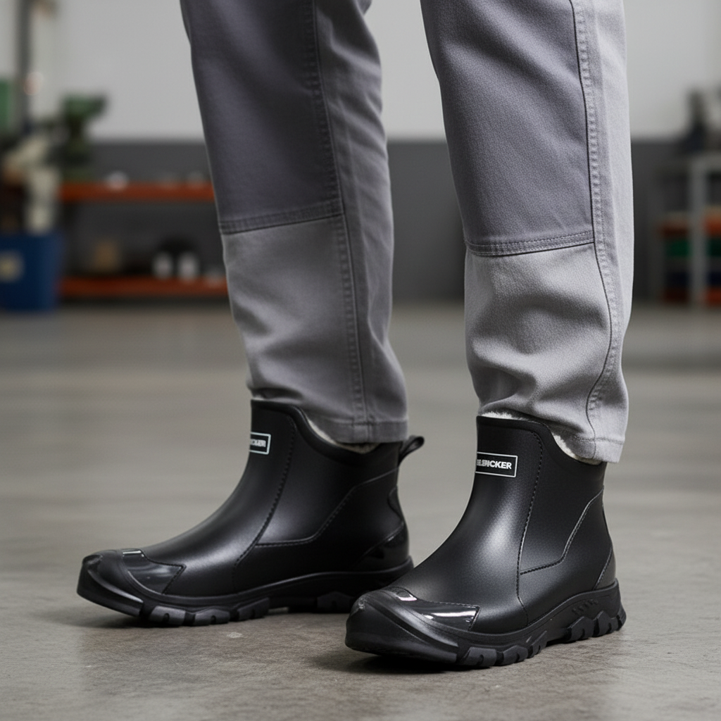 Waterproof rubber ankle boots in black, side view