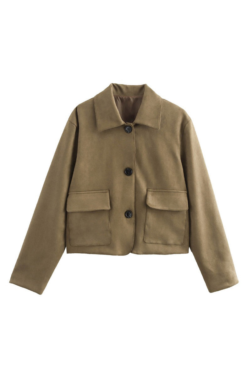 Suede-Look Jacket Shirt Collar Patch Pockets