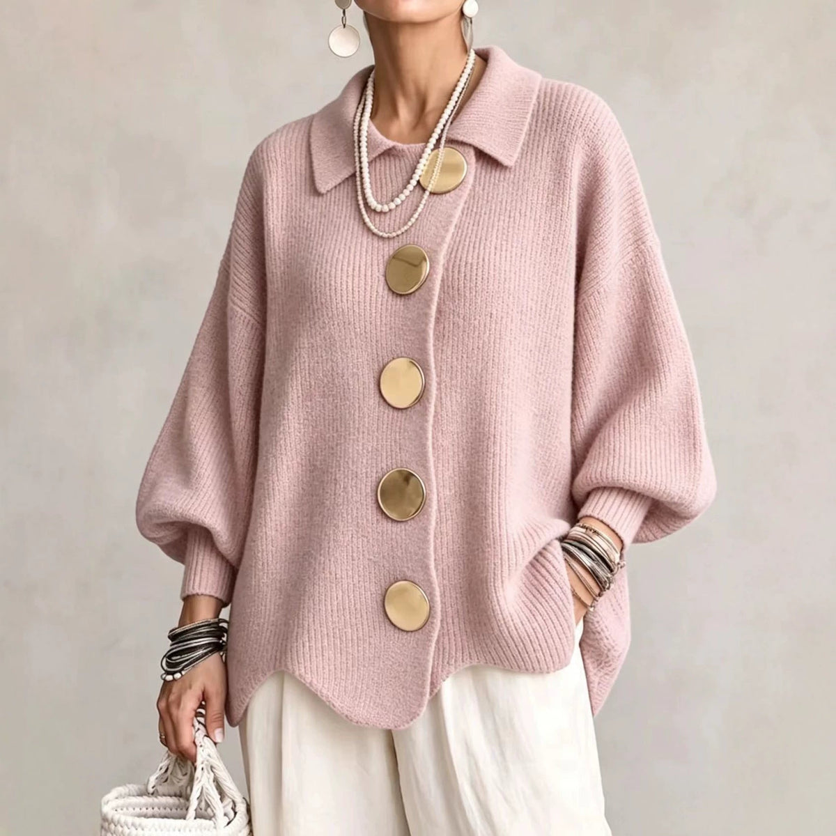 Oversized Collared Cardigan Button Front Knit
