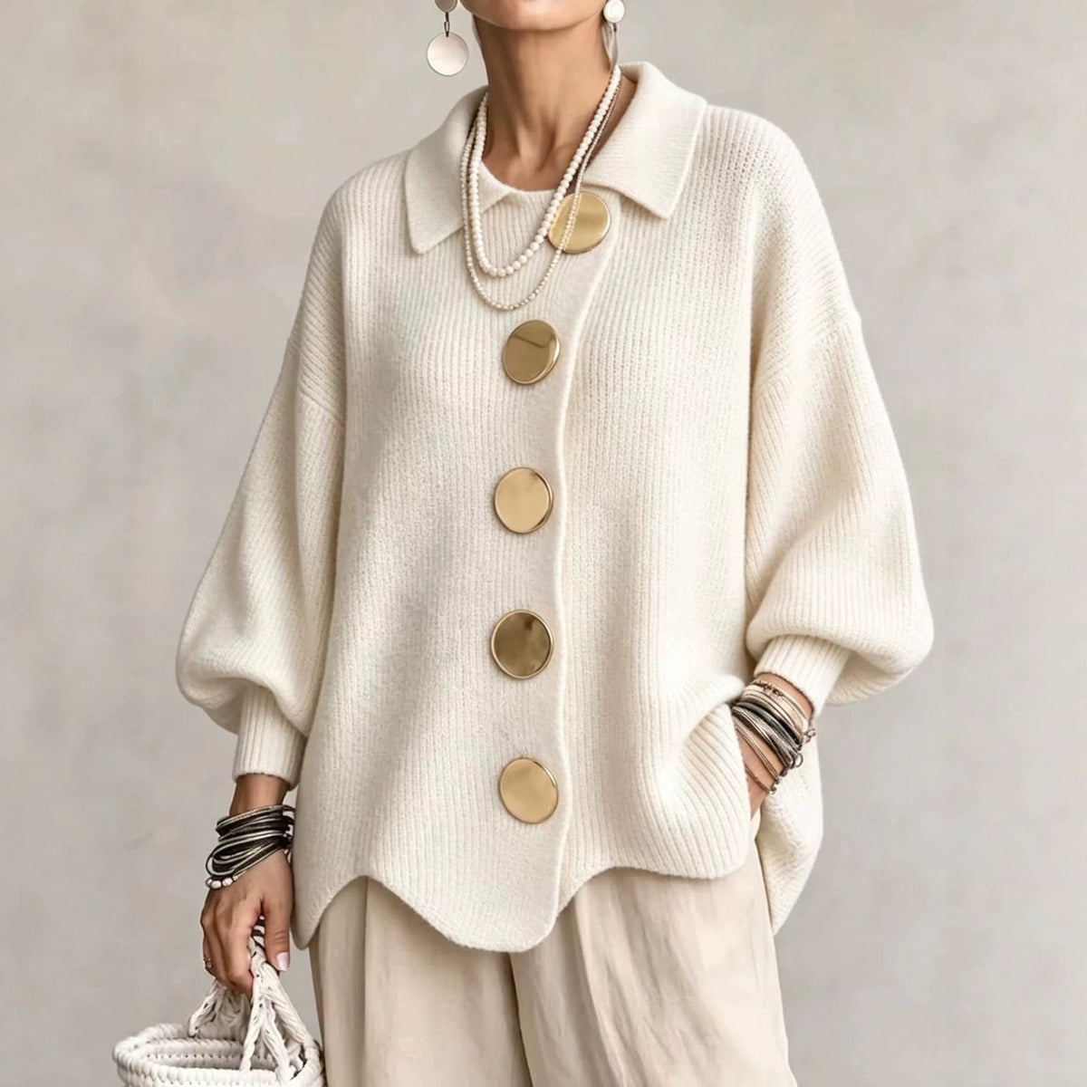 Oversized Collared Cardigan Button Front Knit