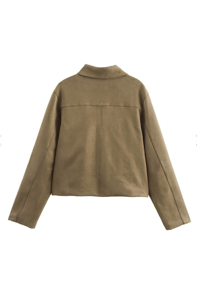 Suede-Look Jacket Shirt Collar Patch Pockets