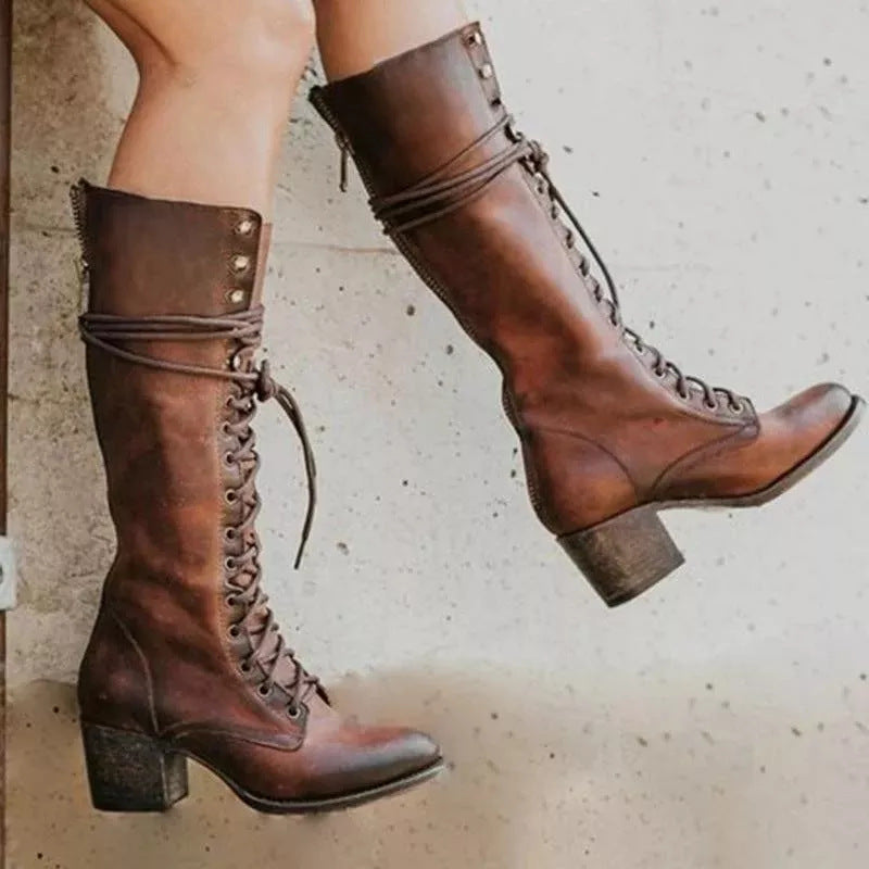 Lace-Up Knee Boots Leather-Look