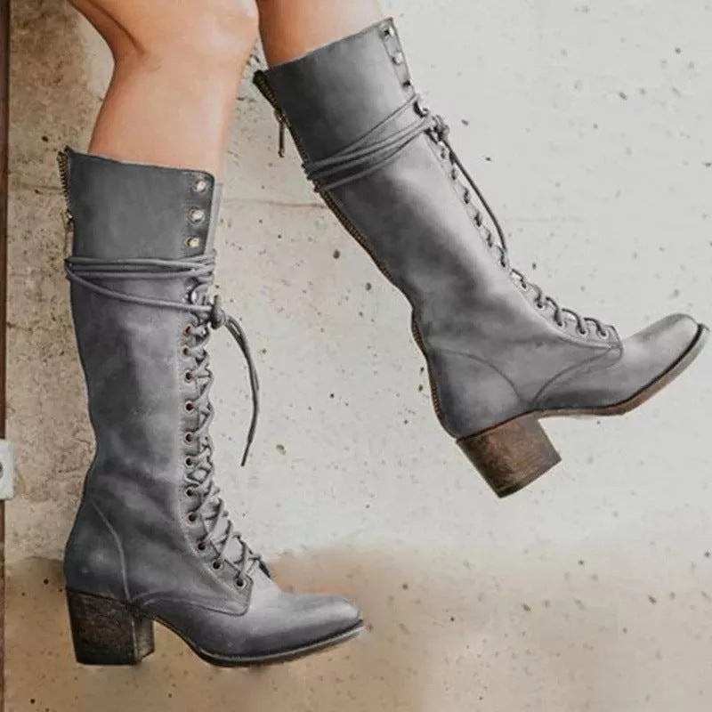 Lace-Up Knee Boots Leather-Look