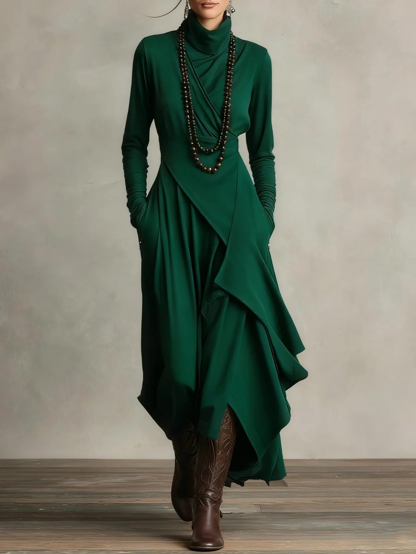 Dress Draped Elegant Long Sleeve