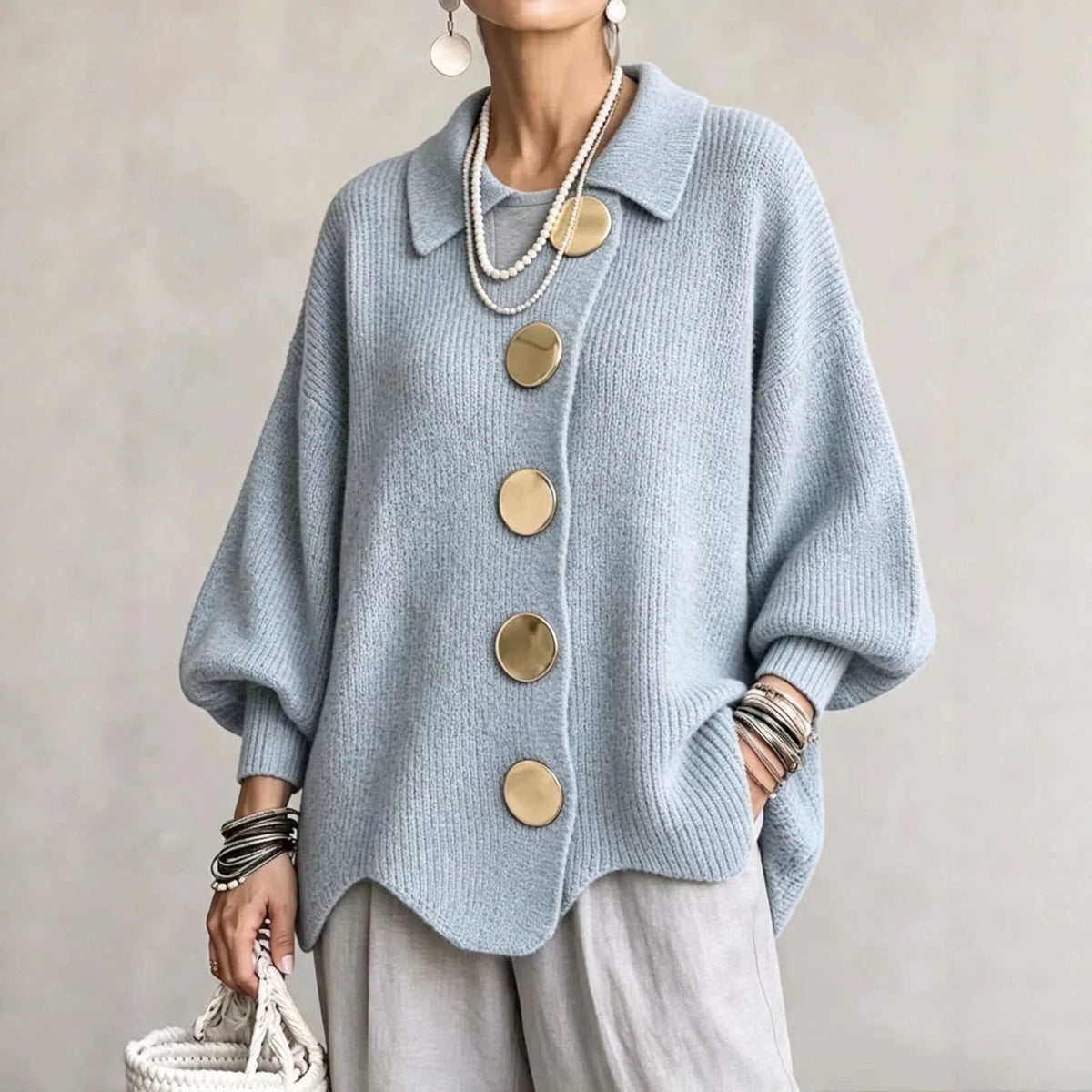 Oversized Collared Cardigan Button Front Knit