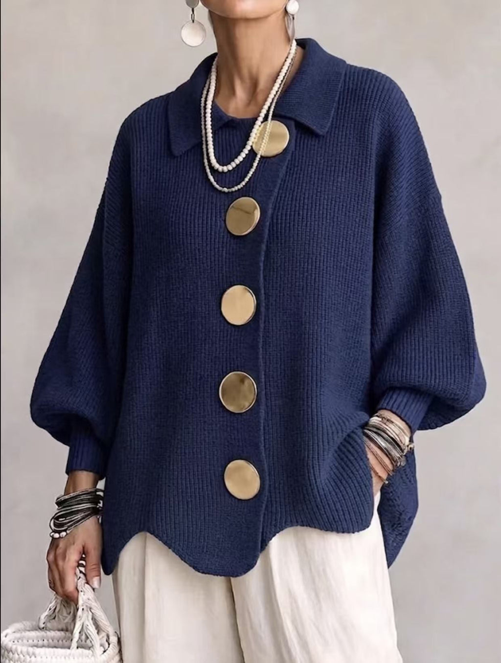 Oversized Collared Cardigan Button Front Knit