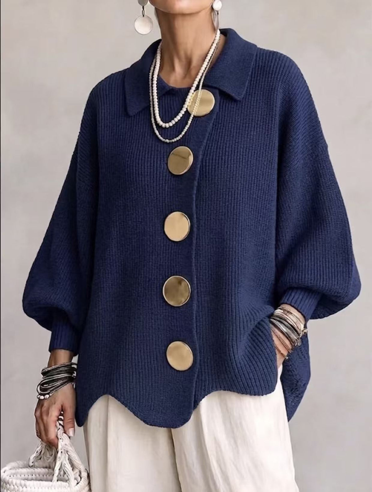Oversized Collared Cardigan Button Front Knit