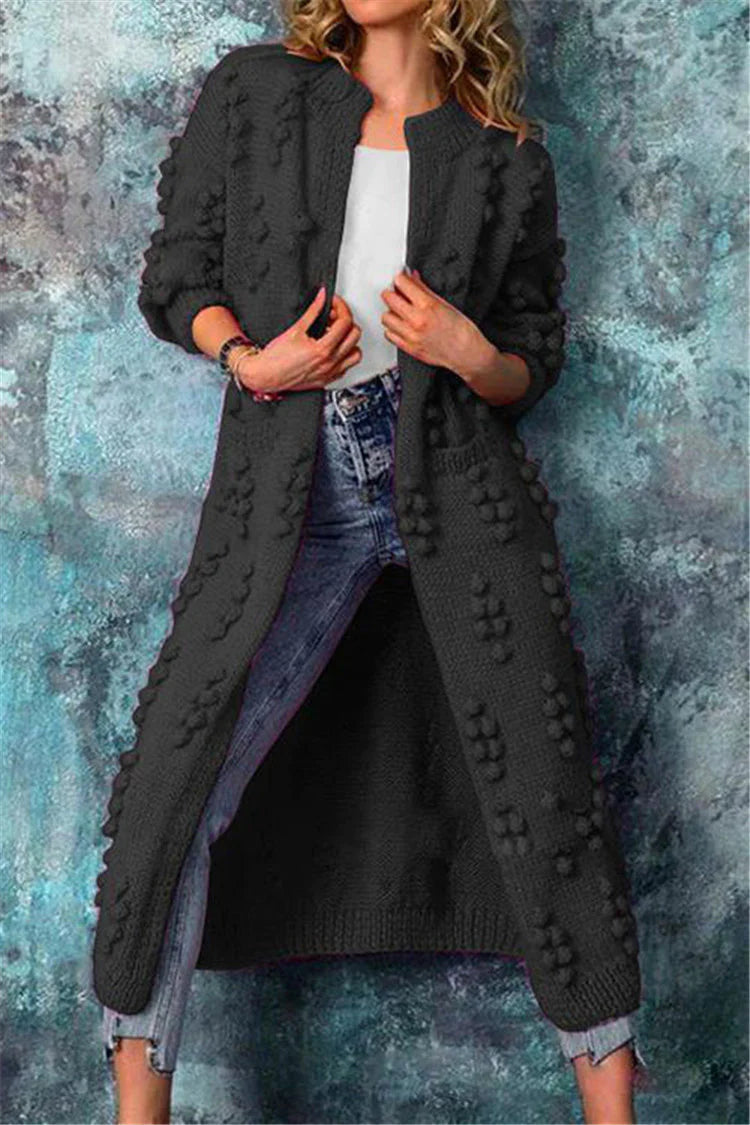 Longline open front textured knit cardigan in beige, front view