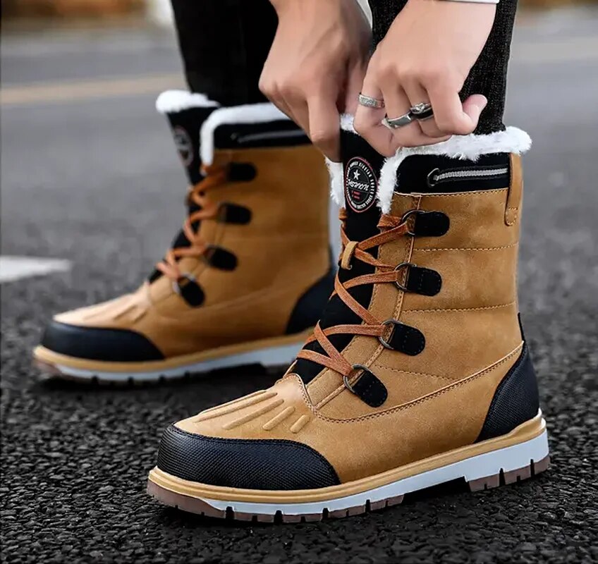 Warm lined snow boots with non slip sole in beige, side view