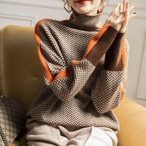 Turtleneck Jumper Contrast Stripes Soft Knit
