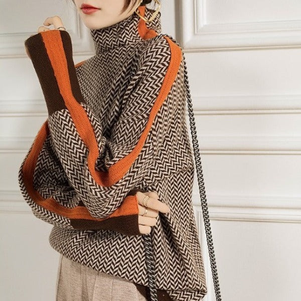 Turtleneck Jumper Contrast Stripes Soft Knit