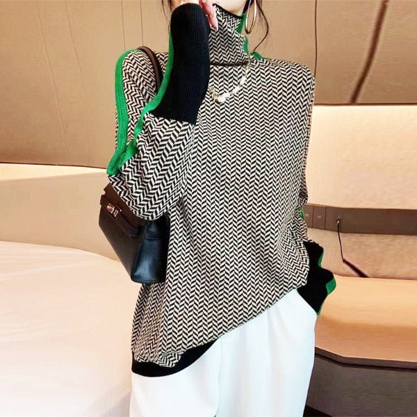 Turtleneck Jumper Contrast Stripes Soft Knit