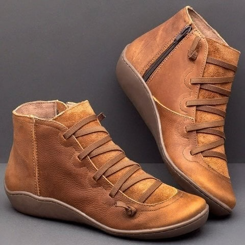 Leather-look barefoot ankle boots in brown, side view