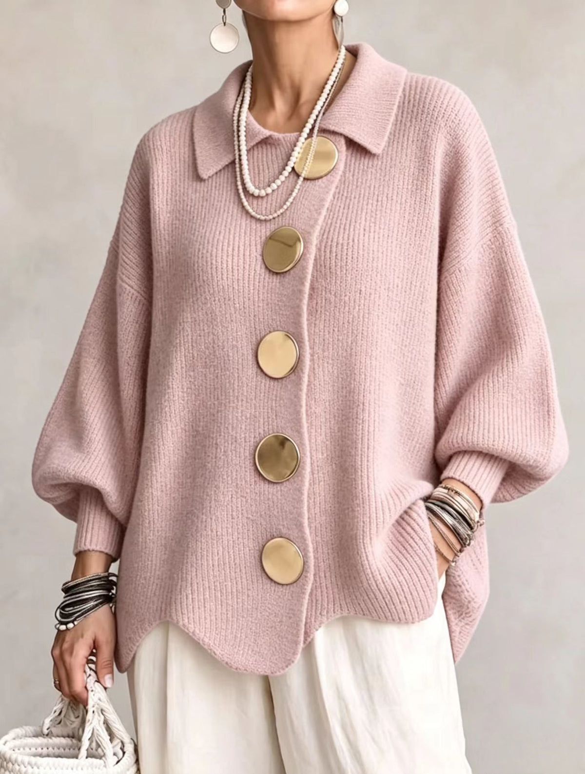 Oversized Cardigan Knit Scalloped Hem