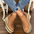Platform wedge ankle boots with side zip in light brown, side view