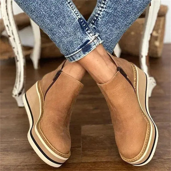 Platform wedge ankle boots with side zip in light brown, side view