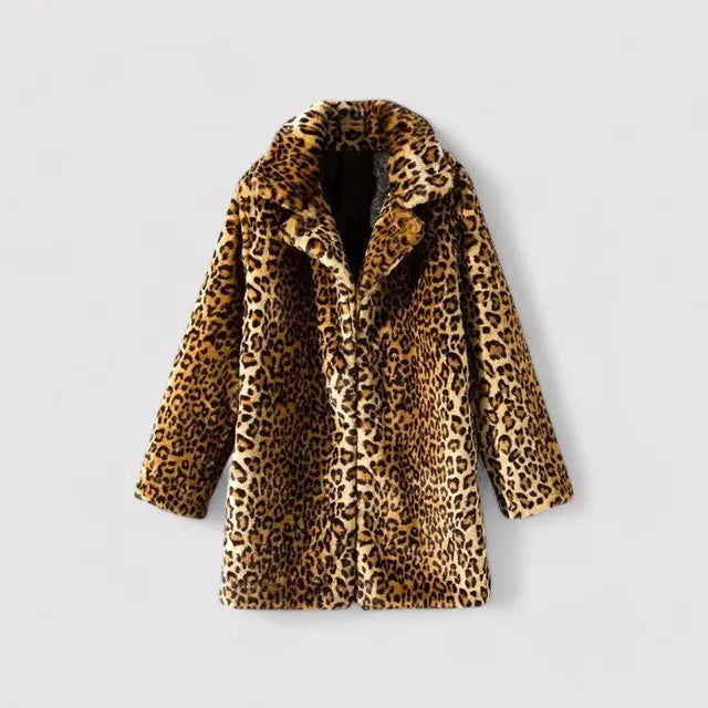 Plush faux fur leopard print coat, front view