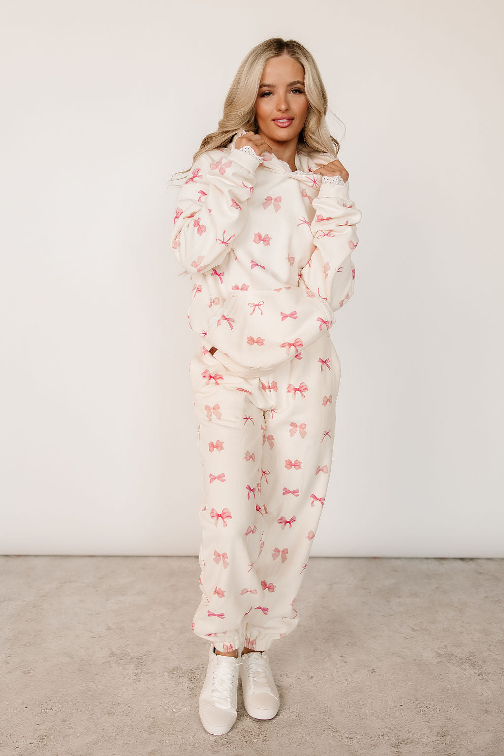 Hoodie Fleece Lined Lace Trim Pink
