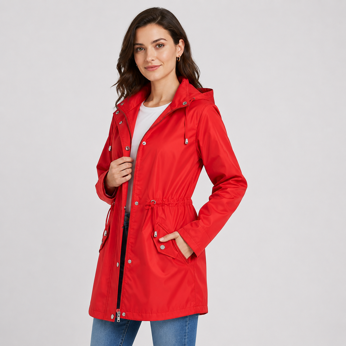 Lightweight Hooded Jacket Cinched Waist