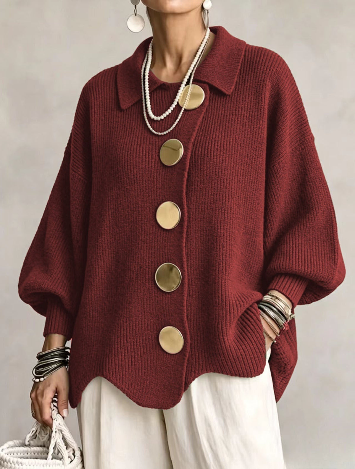 Oversized Cardigan Knit Scalloped Hem