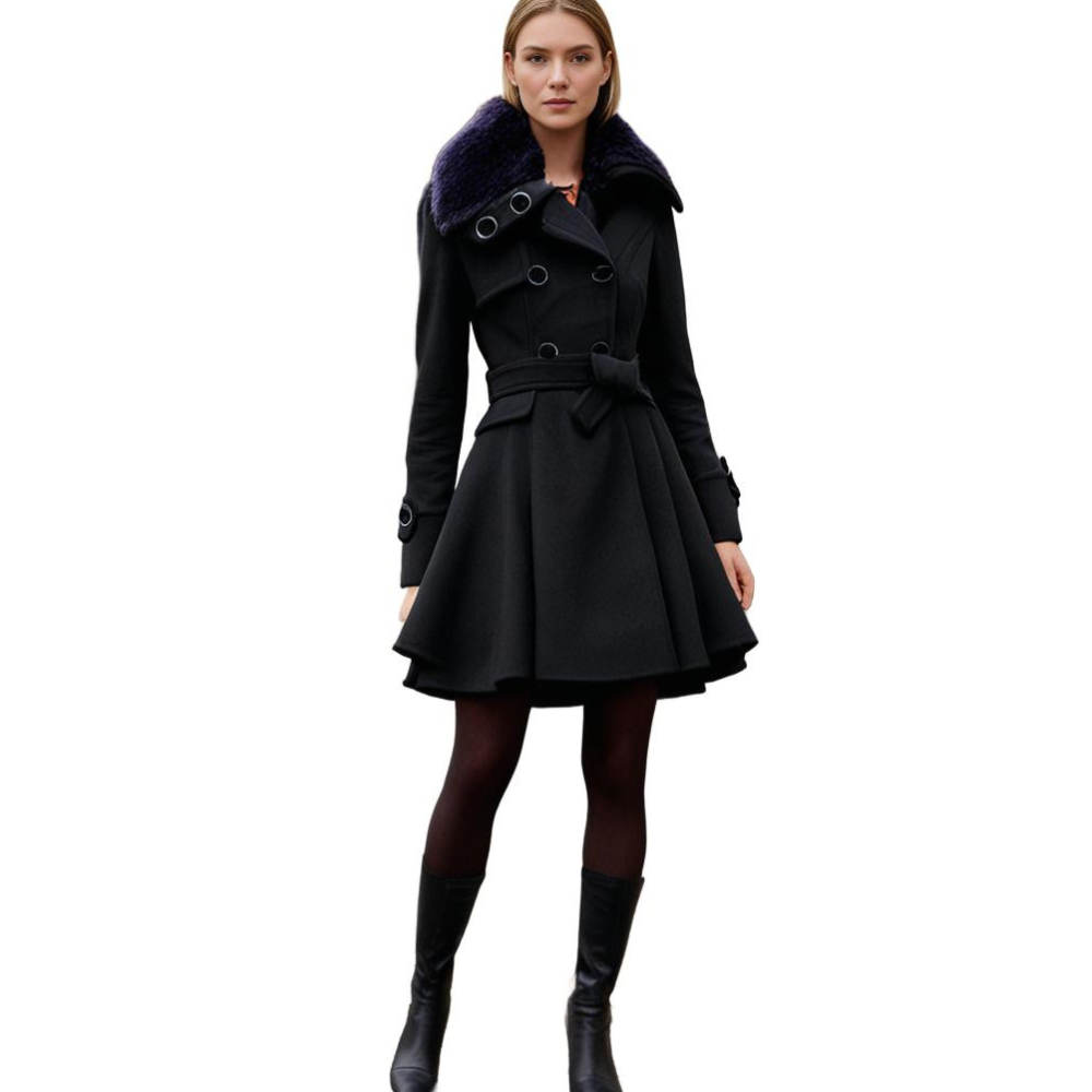Flared winter coat in black worn with tights and boots