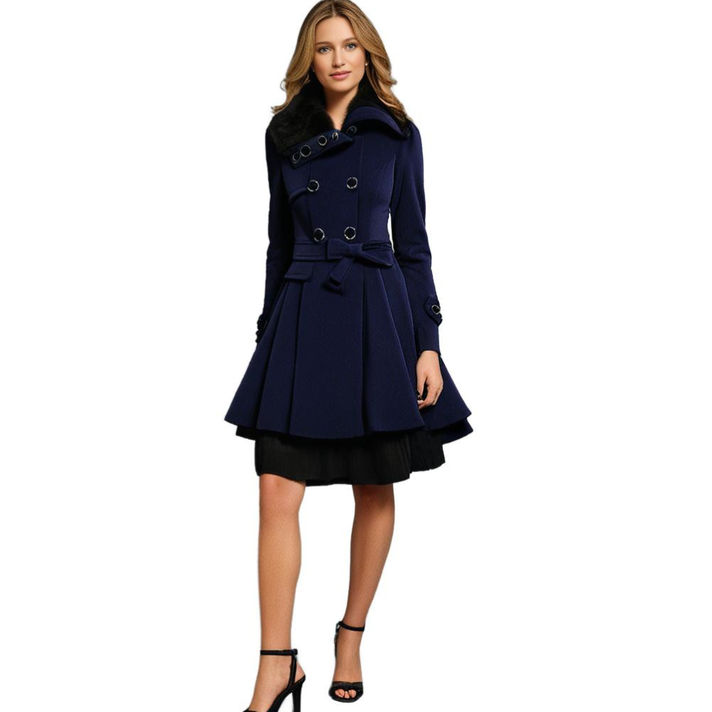 Flared winter coat in blue worn with a dress