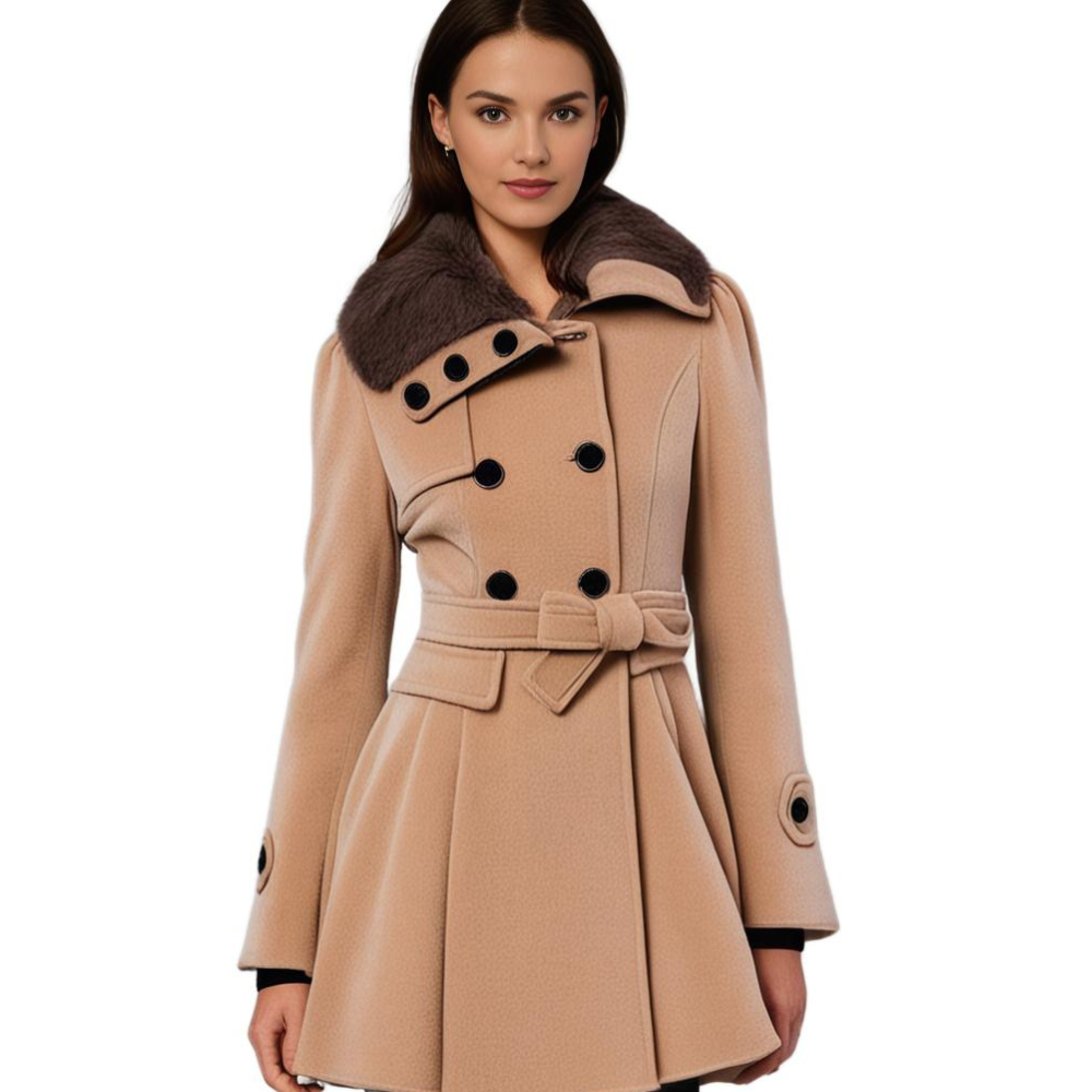 Flared winter coat in khaki worn belted