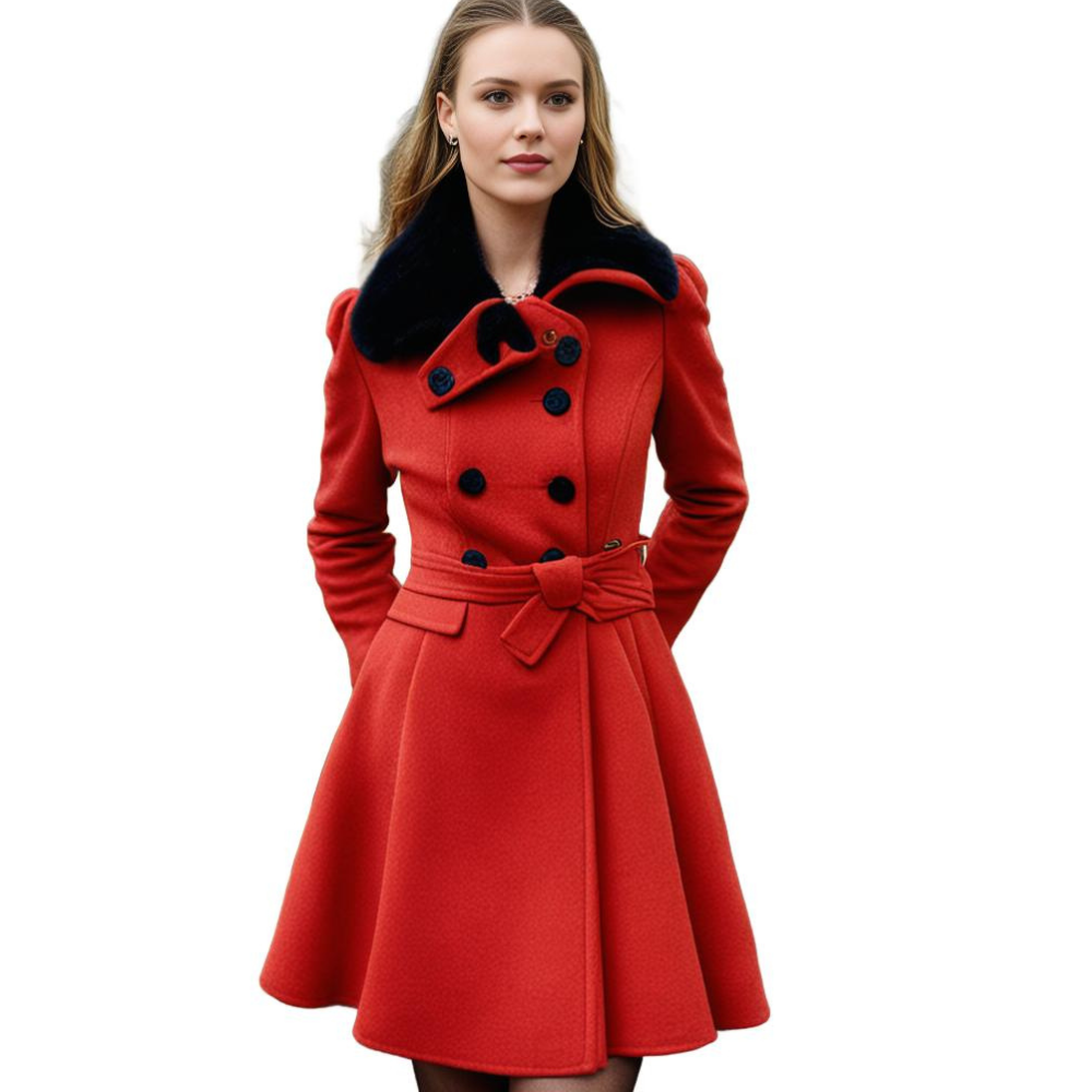 Flared winter coat in red worn open