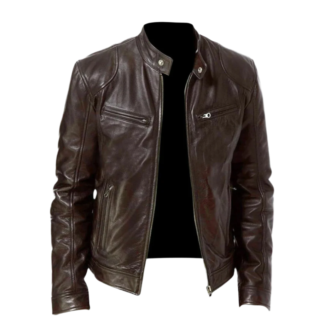Leather-look zip biker jacket in black, front view