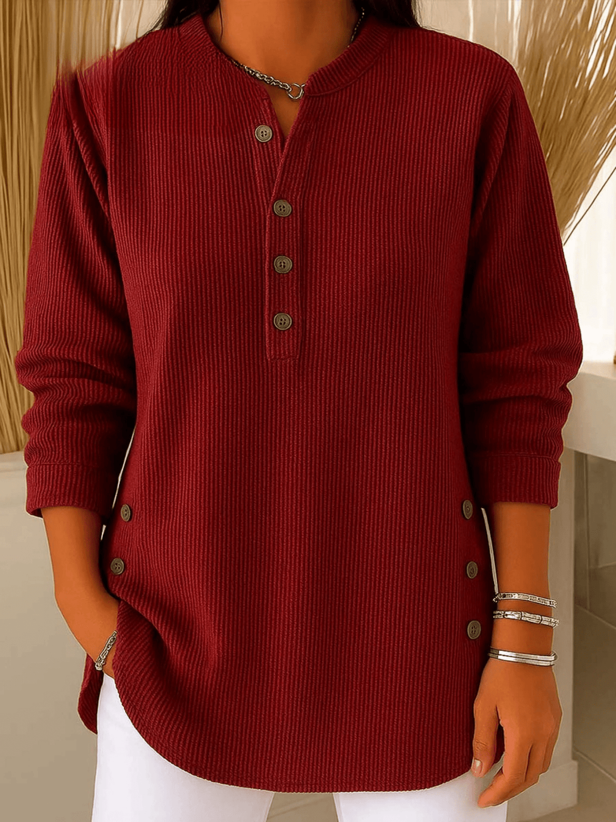 Ribbed Tunic Top Henley Neckline Side Buttons