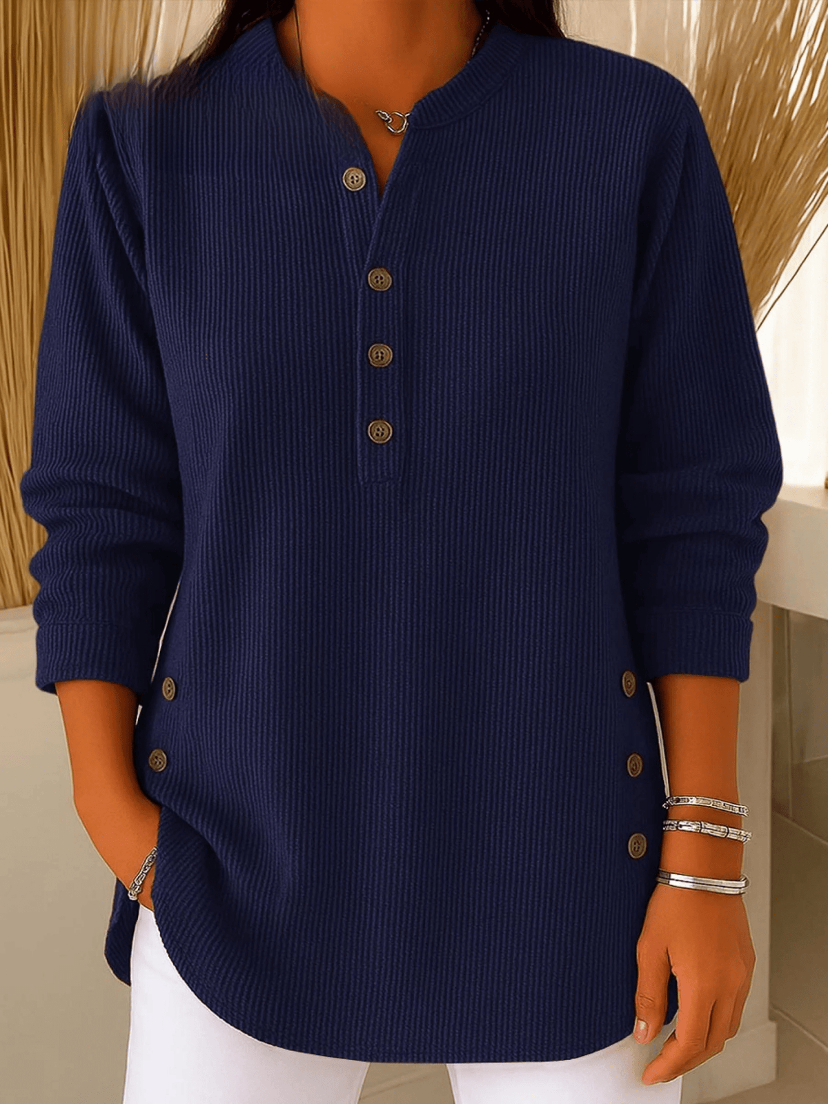 Ribbed Tunic Top Henley Neckline Side Buttons