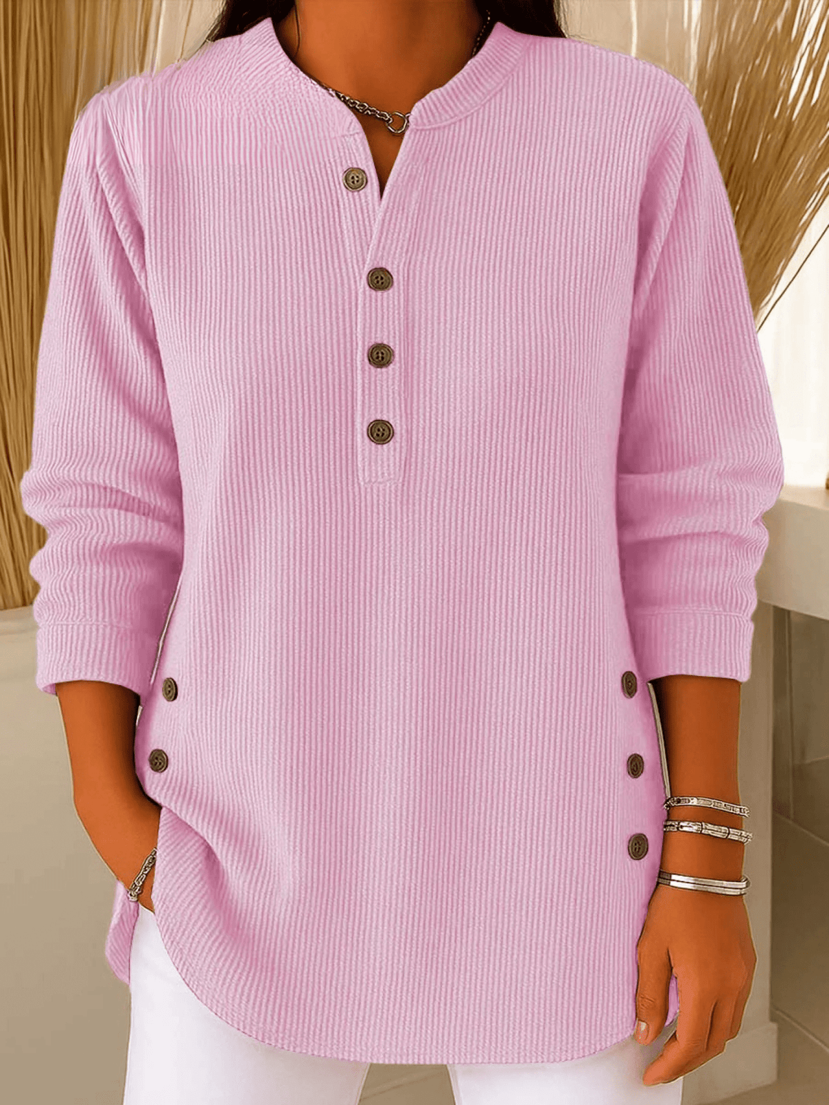 Ribbed Tunic Top Henley Neckline Side Buttons