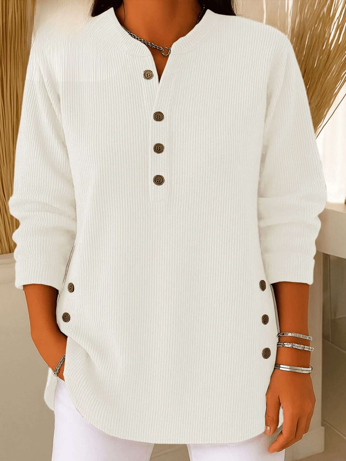 Ribbed Tunic Top Henley Neckline Side Buttons