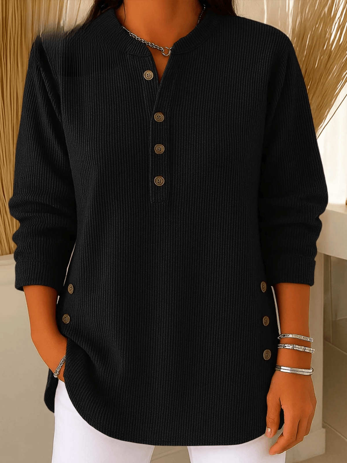 Ribbed Tunic Top Henley Neckline Side Buttons