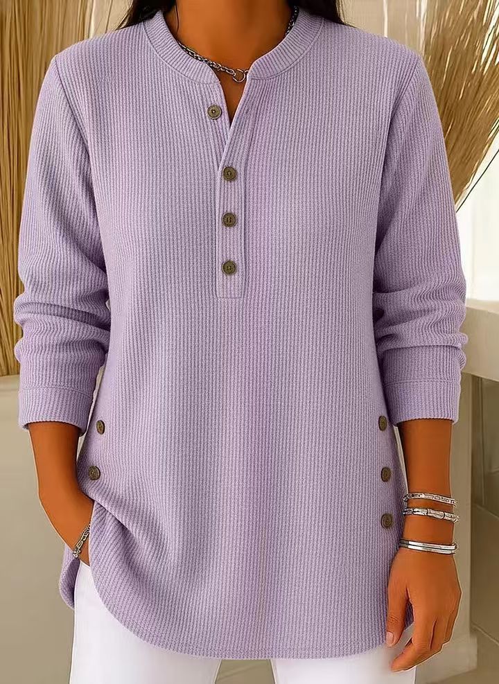 Ribbed Tunic Top Henley Neckline Side Buttons