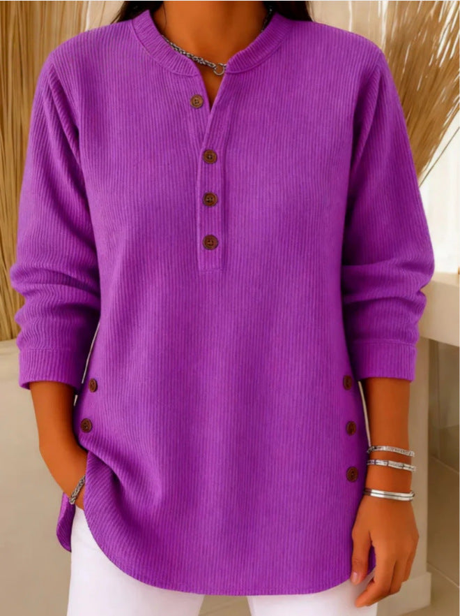 Ribbed Tunic Top Henley Neckline Side Buttons